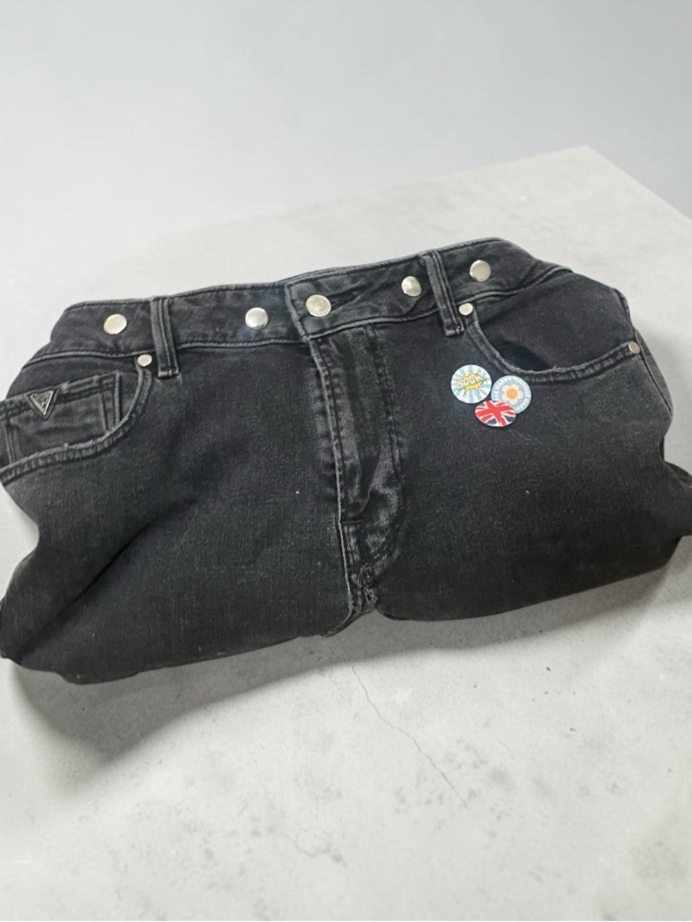 GUESS Black Denim Shoulder Bag with Patch Details upcycle denim - Picture 3 of 4